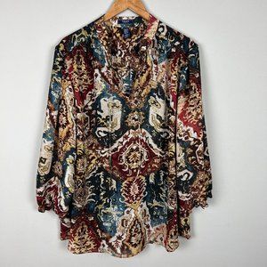 Chaps Blouse Top 3X Multicolor Printed Sheer Balloon Sleeve‎ V-Neck Womens Plus